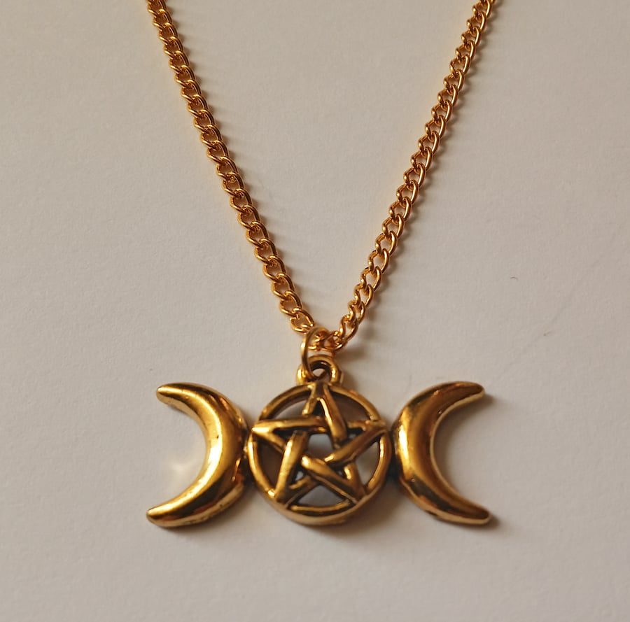 Triple Moon Pentacle Gold Plate Necklace