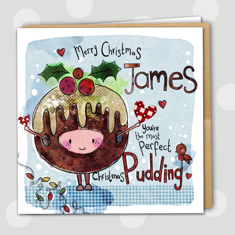 Little Boy Pudding Christmas personalised white square 6" linen card