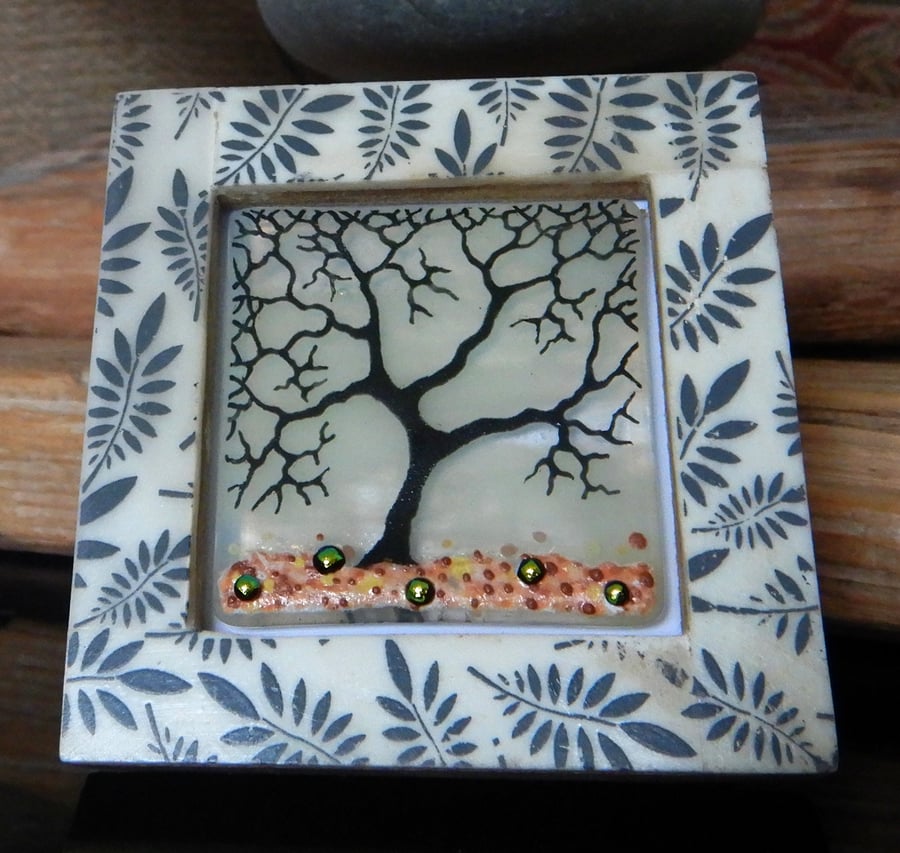 Handmade Fused Glass 'Winter Tree' framed picture.
