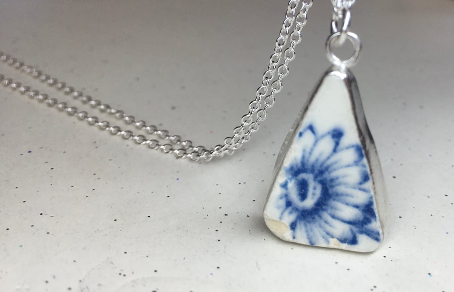 Handmade Welsh Sea Pottery & Silver Pendant & Silver Necklace