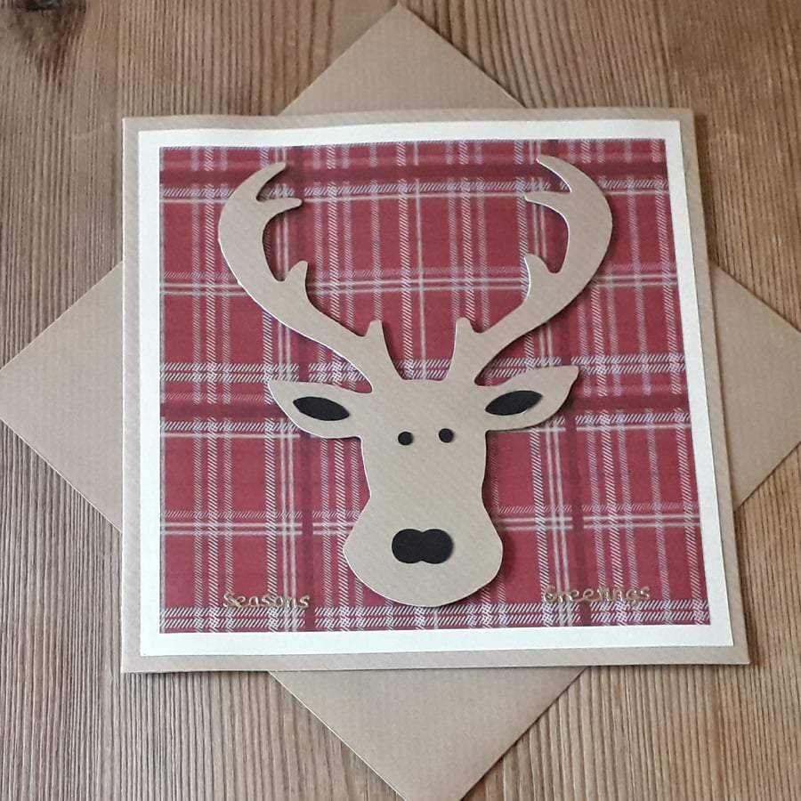 Tartan Stag Christmas Card – red