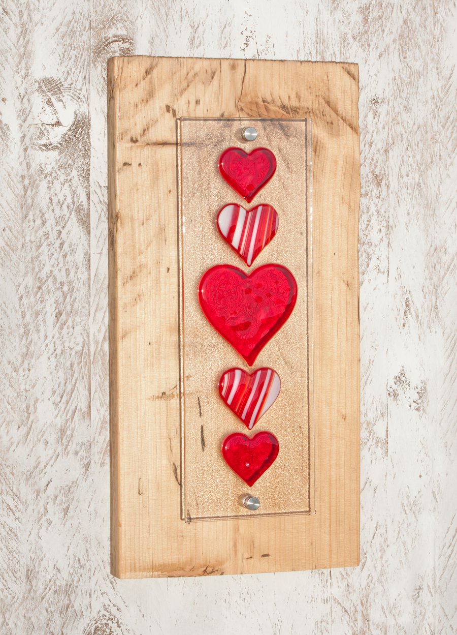 Fused Glass Red Heart Panel on Reclaimed Wood