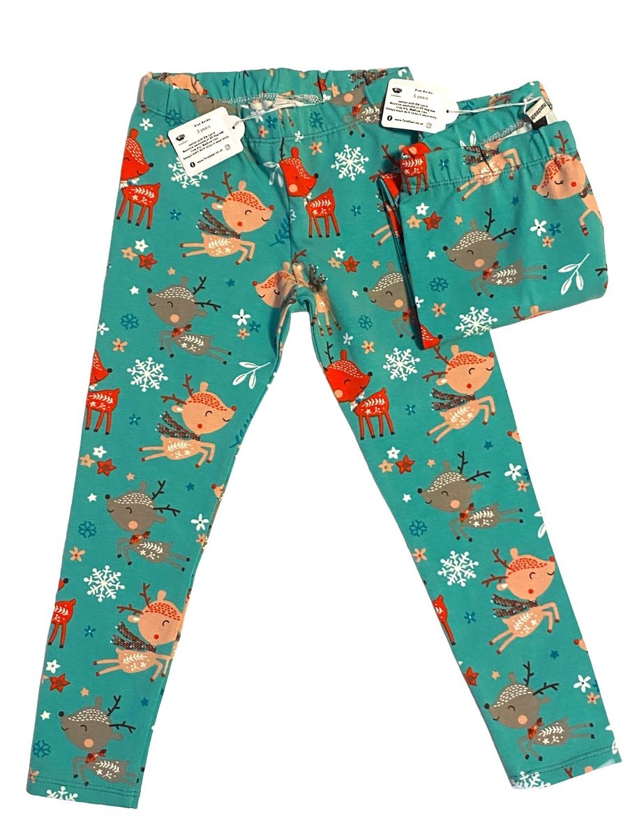 Festive turquoise stretchy Reindeer leggings -  3 years and 5 years