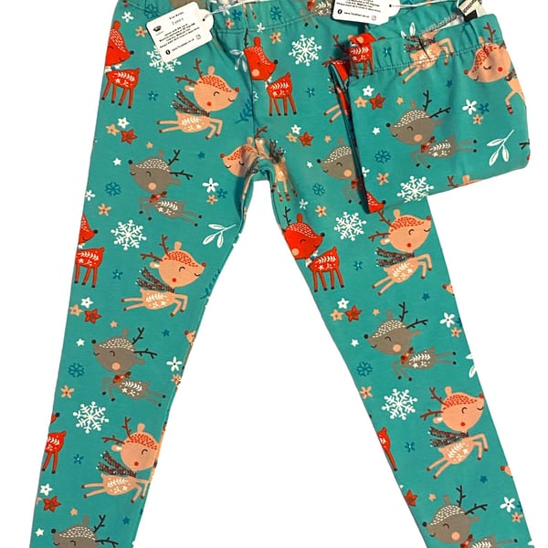 Festive turquoise stretchy Reindeer leggings -  3 years only left