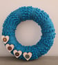 Handmade Bobbly Blue Yarn Wrapped Wreath With Wooden Heart Accents, Home Decor