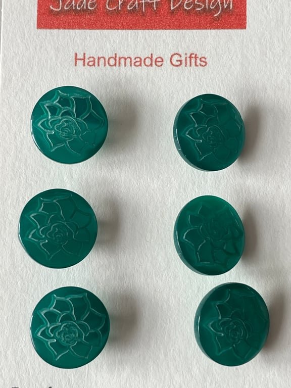 6 green floral buttons - 14mm