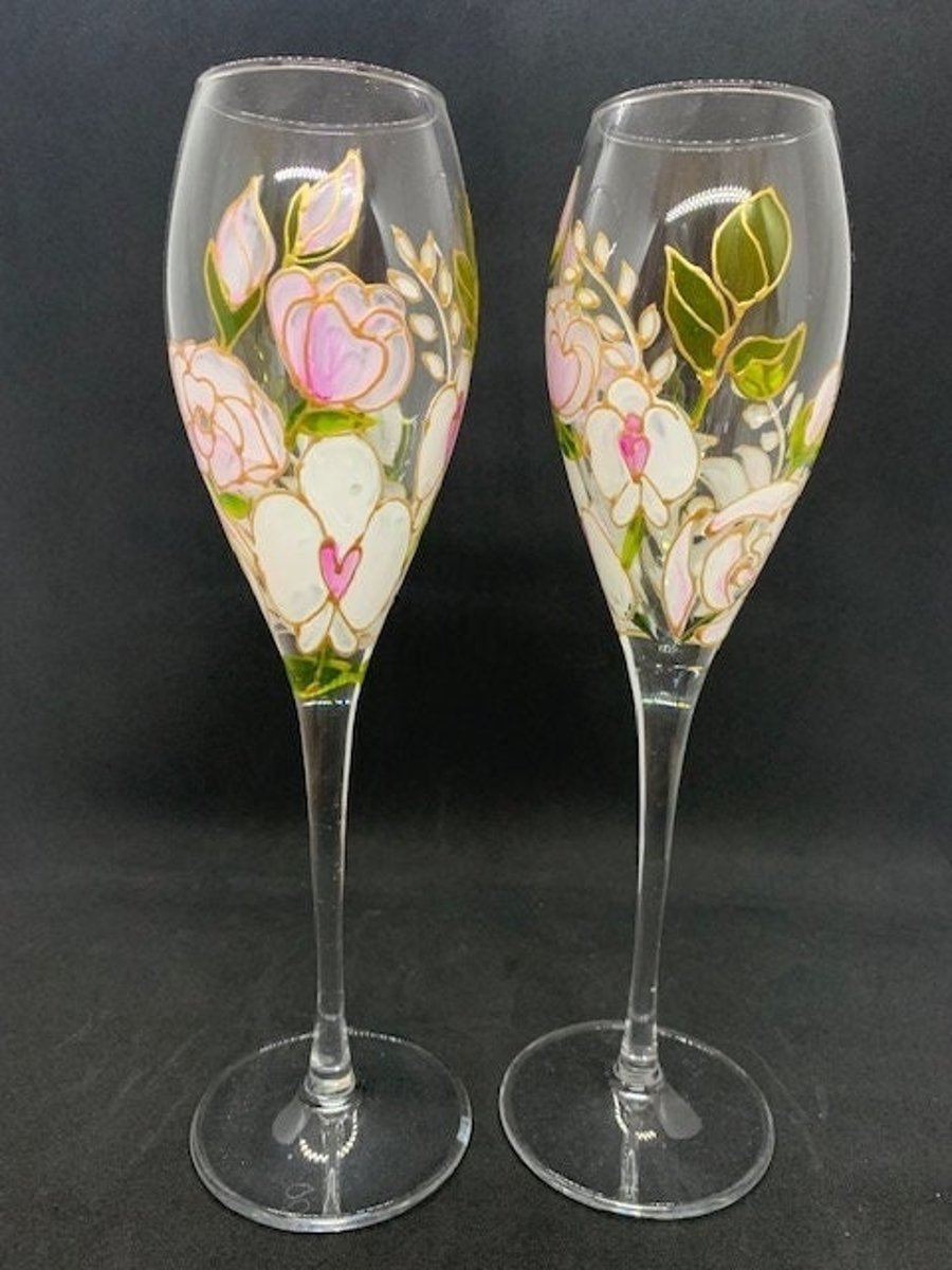 Set of Champagne Flutes Blush Pink Champagne Flutes Rose and Orchid Design