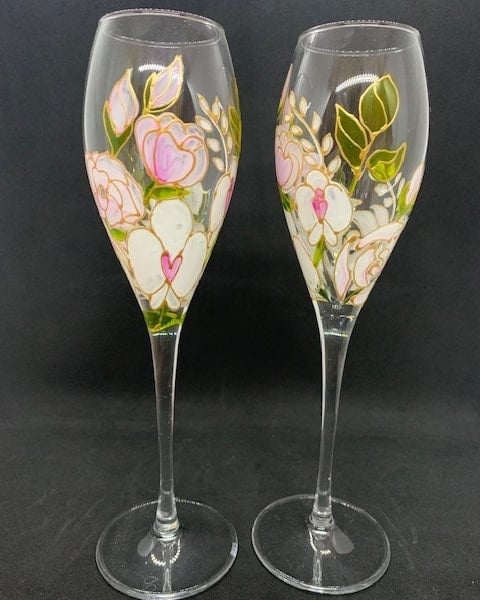 Set of Champagne Flutes Blush Pink Champagne Flutes Rose and Orchid Design