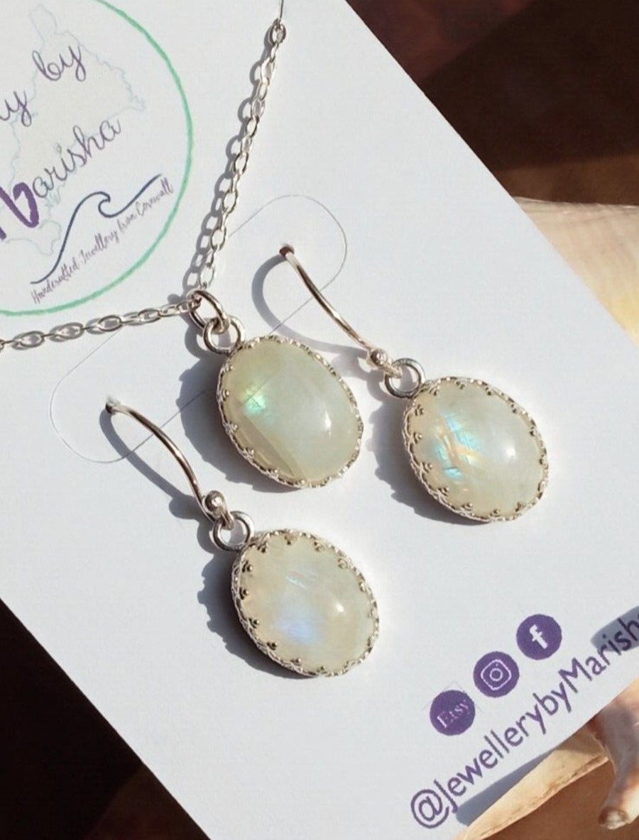 Moonstone Necklace Earrings Jewellery Gift Set Sterling Silver Blue Flash 