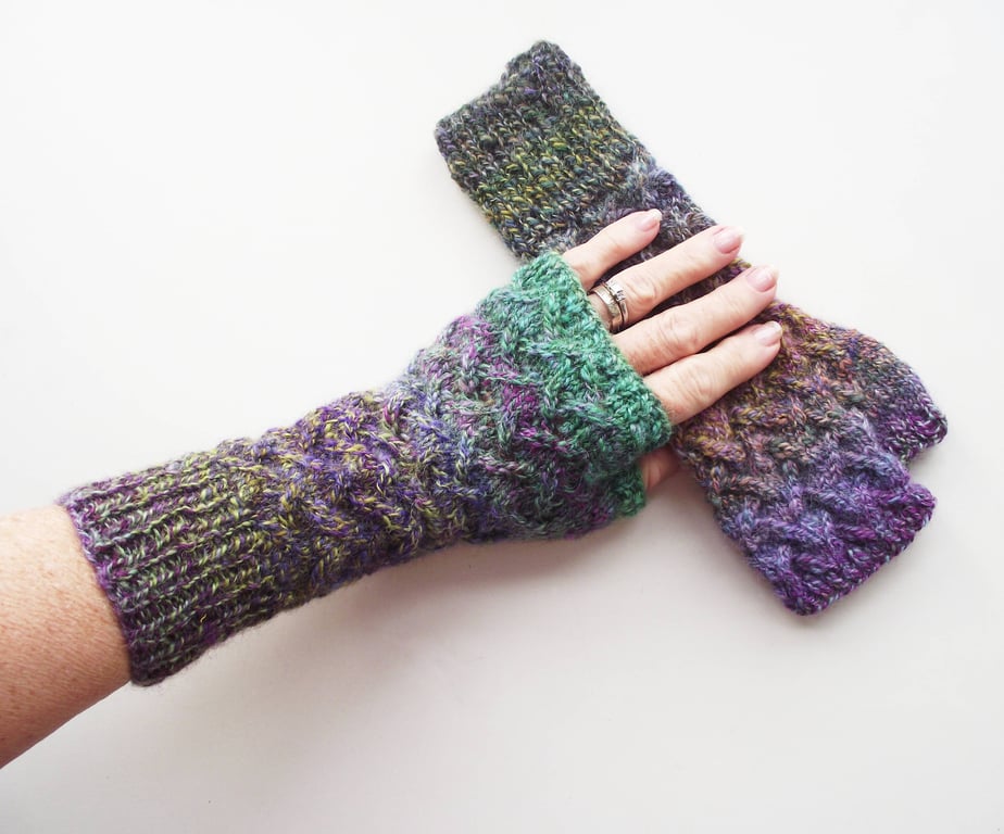 Wristwarmers, Handspun, Knitted, British Wool Fingerless Gloves, Multicolour