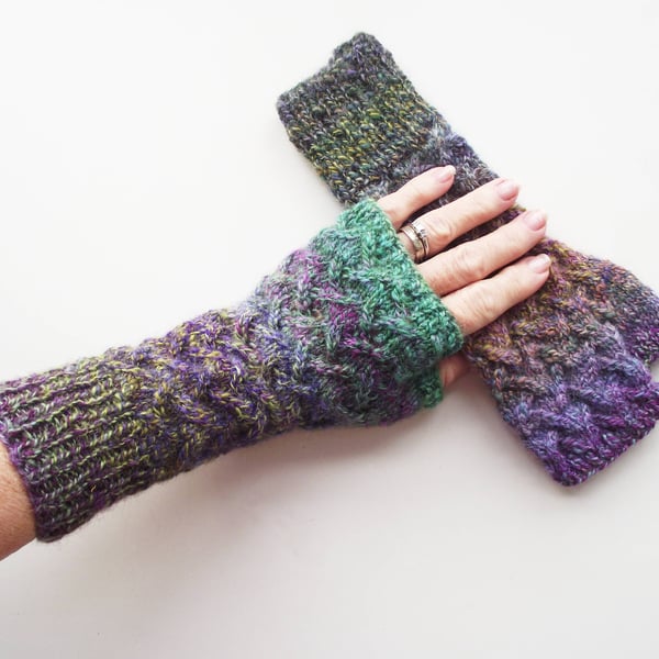 Wristwarmers, Handspun, Knitted, British Wool Fingerless Gloves, Multicolour
