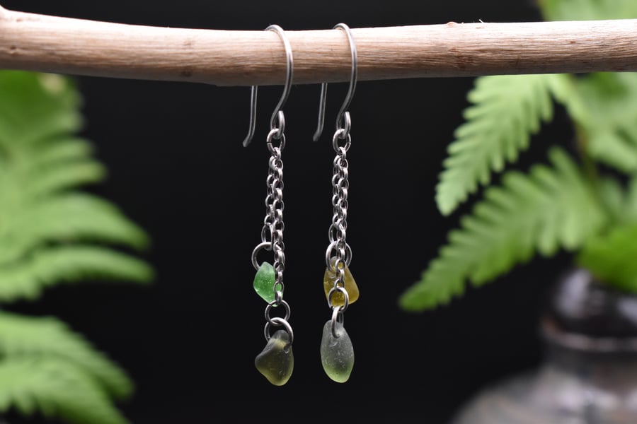 Highland Sea Glass and Sterling Silver Rustic Dangly Earrings