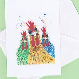 Blank card. Chicken, funny bird, rooster, hen . Print