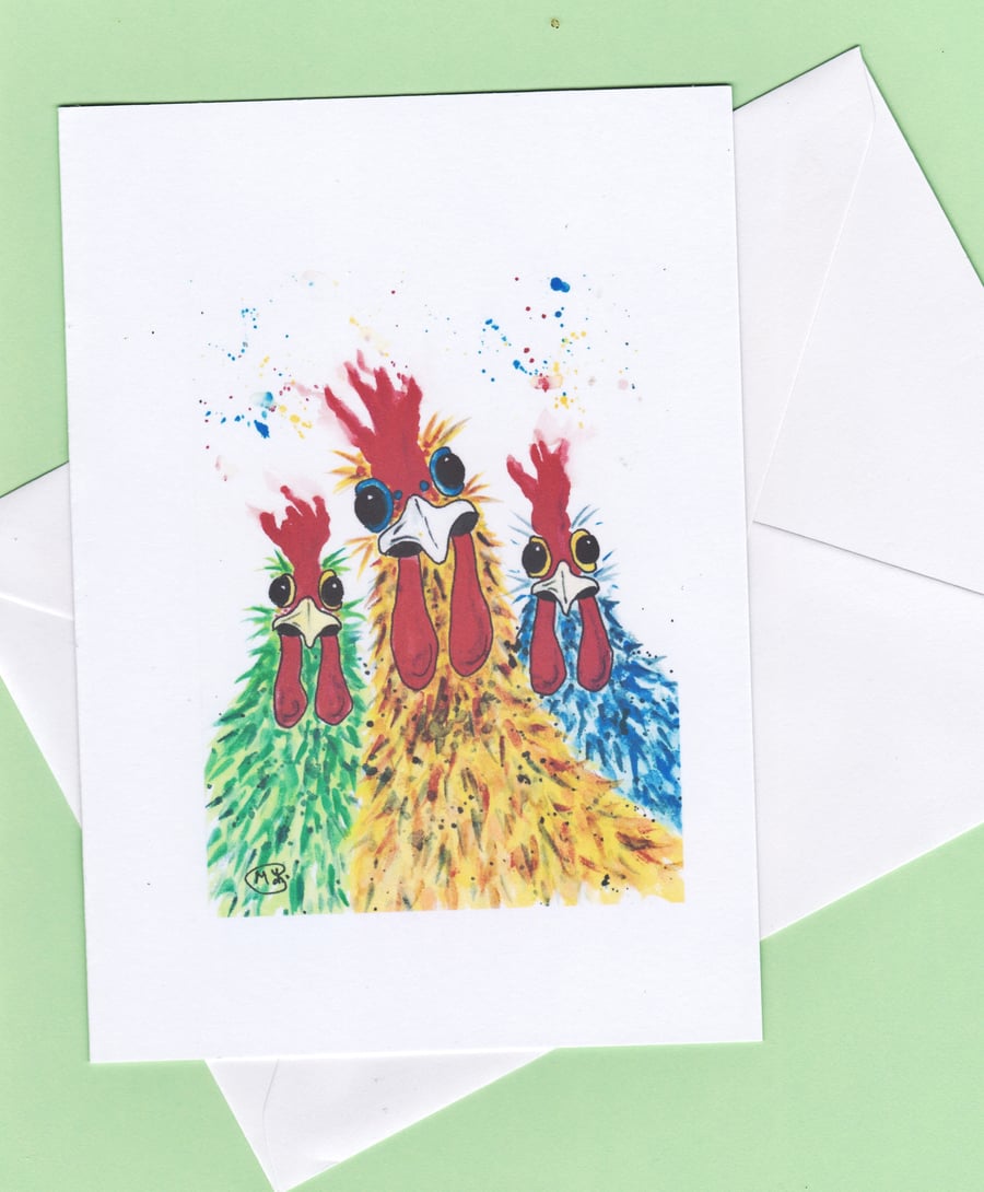 Blank card. Chicken, funny bird, rooster, hen . Print