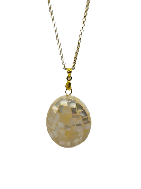 Large puffy mosaic shell pendant with gold plated chain