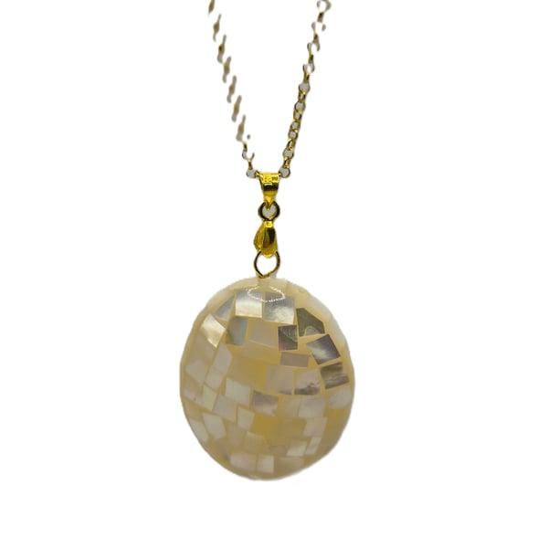 Large puffy mosaic shell pendant with gold plated chain