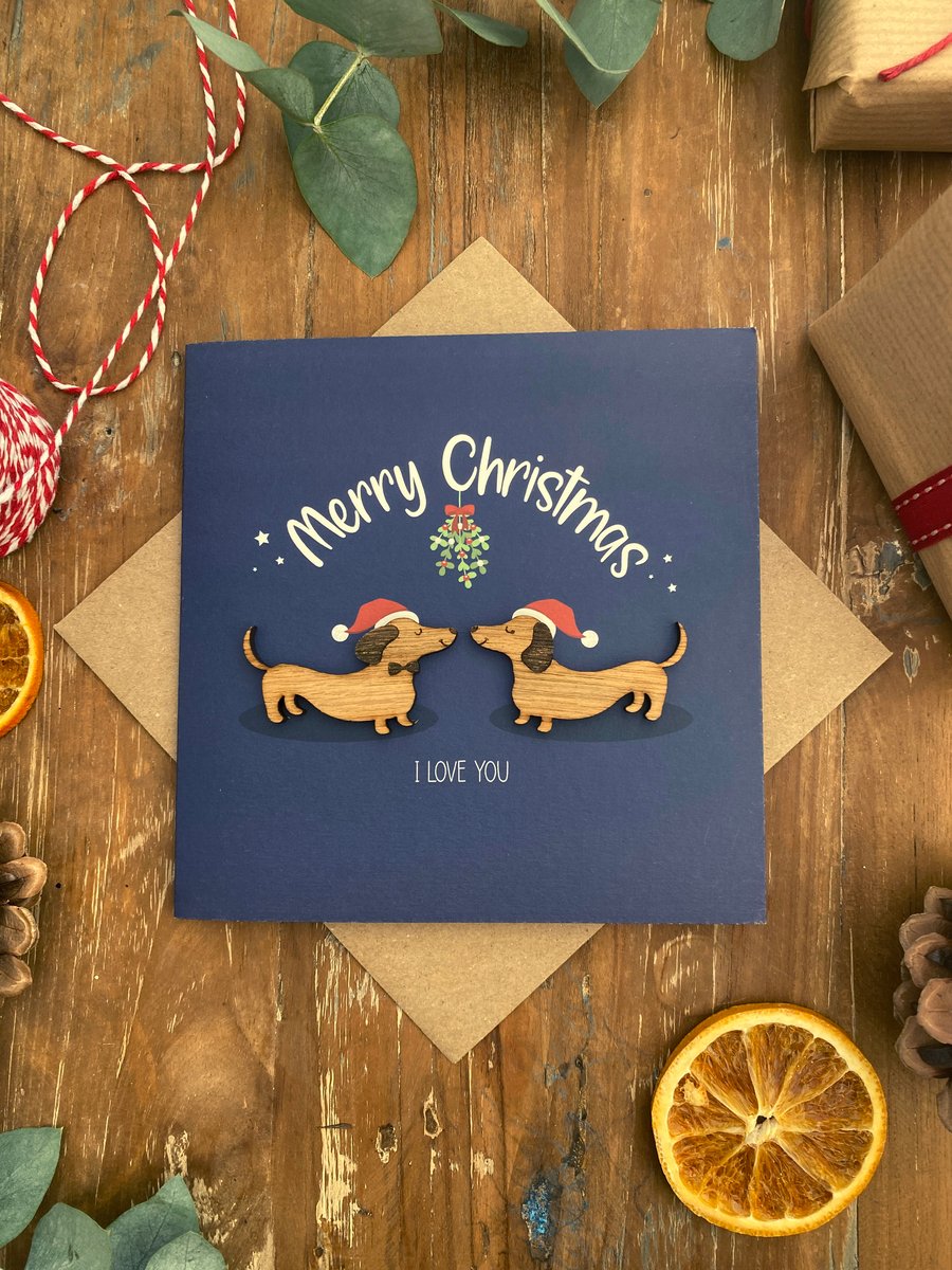 Dachshund Christmas Card Sausage Dog Card Wooden Card Girlfriend Christmas Card 