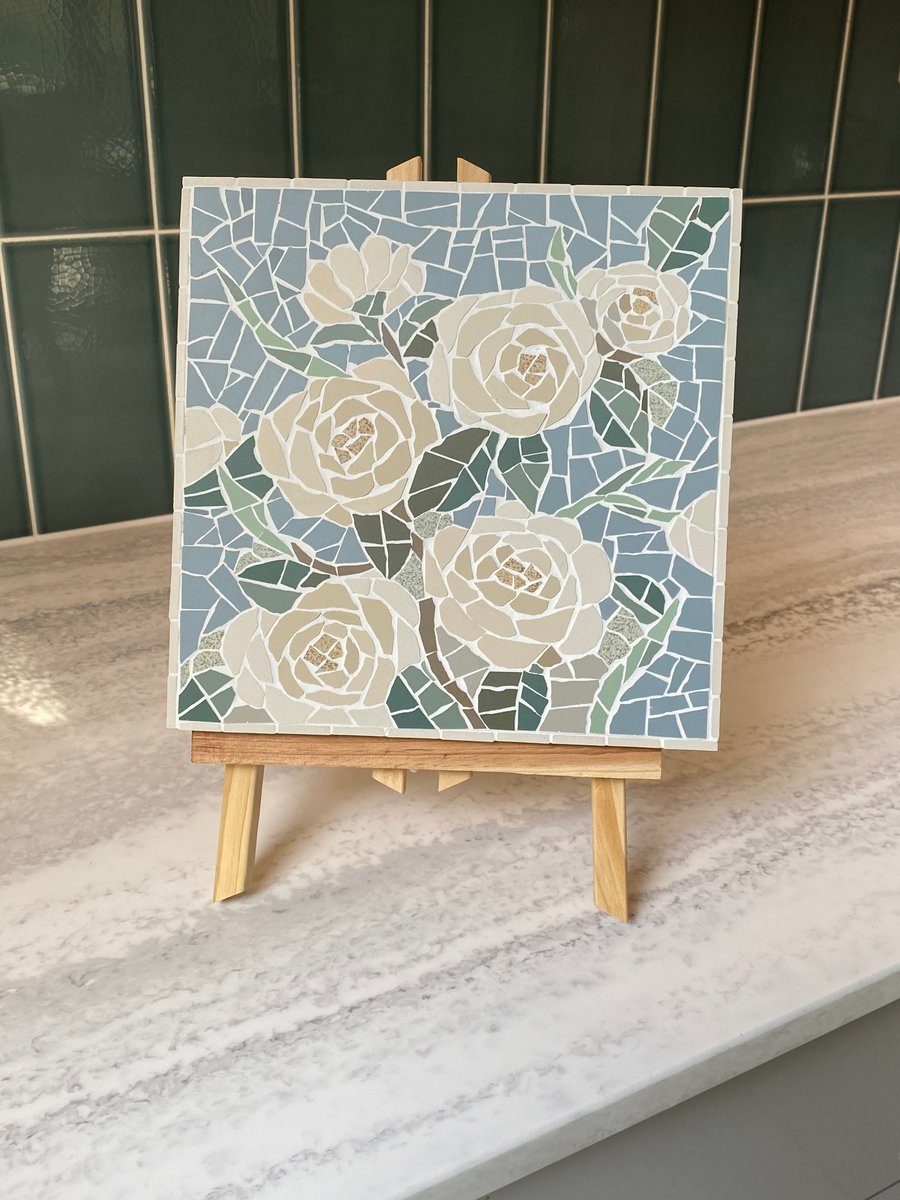 Mosaic Wall Art : White Camellias in a blue background 