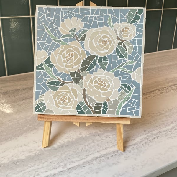 Mosaic Wall Art : White Camellias in a blue background 