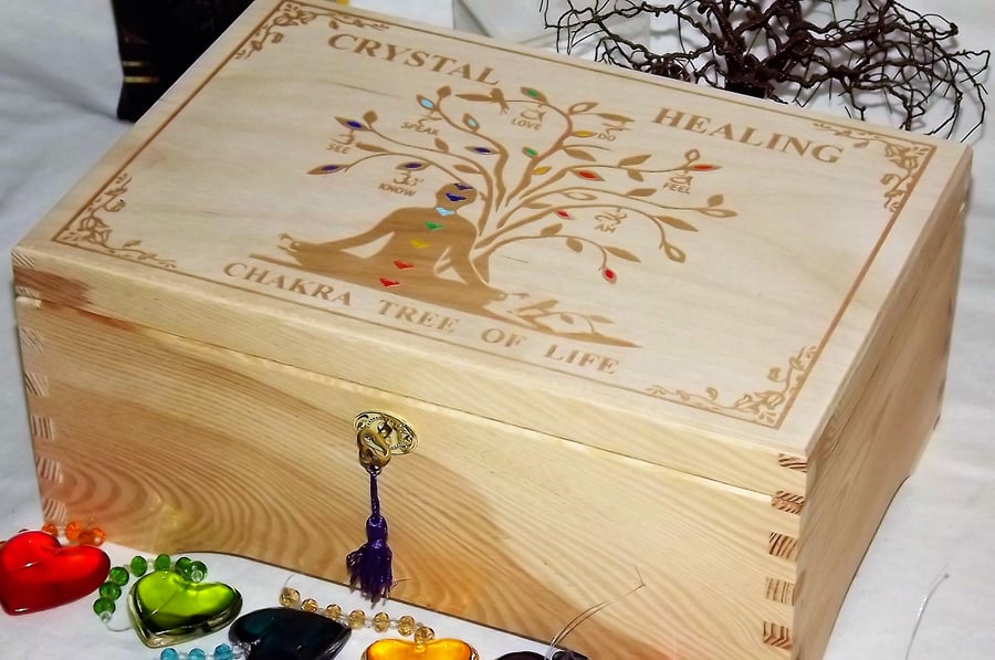LOCKABLE ENGRAVED CRYSTAL HEALING wooden Box with CHAKRA SYMBOLS.