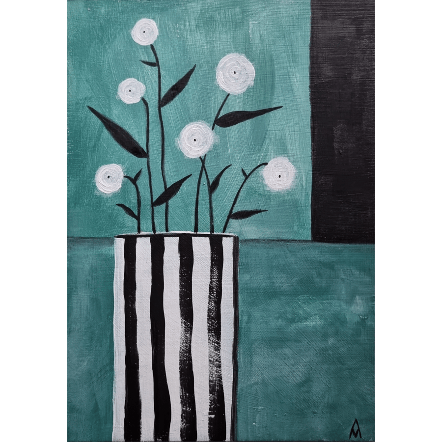 Flower Painting Original Art - White Flowers In Stripy Vase