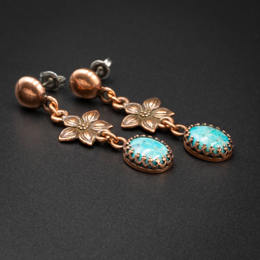 Natural turquoise and copper handmade earrings, Turquoise jewelry