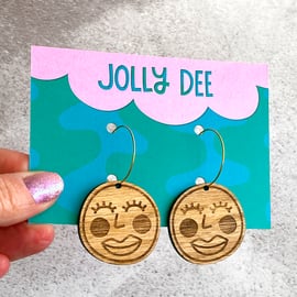 Happy face wood hoop earrings, earrings for women, 5th anniversary gift, oak