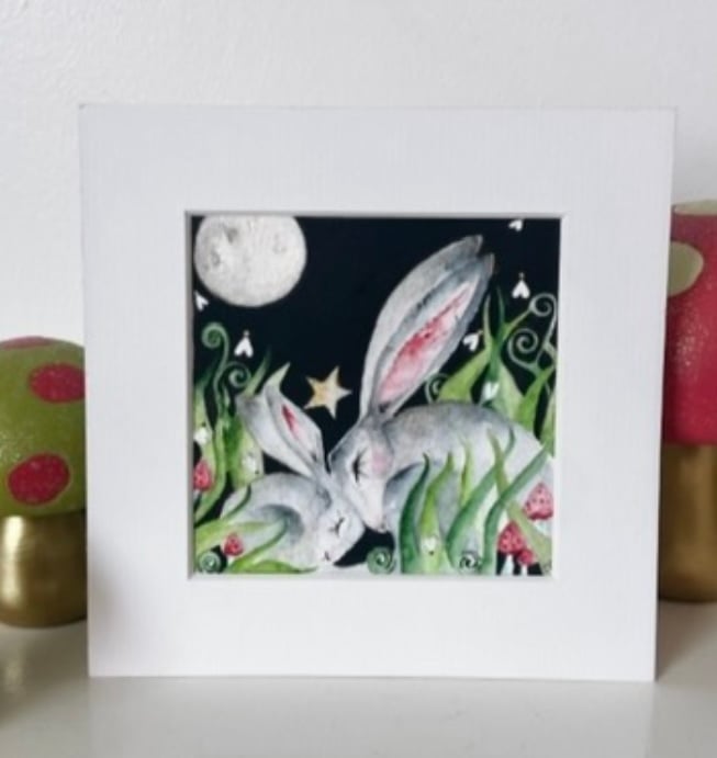 Mounted Resting Rabbit with baby under the Moon and Stars Watercolour Print