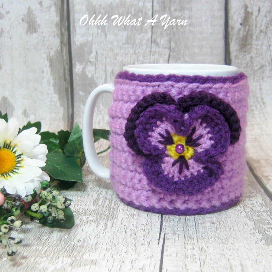 Seconds Sunday end of line. Pansy mug hug, mug cosy mug cozy, flower mug cosy
