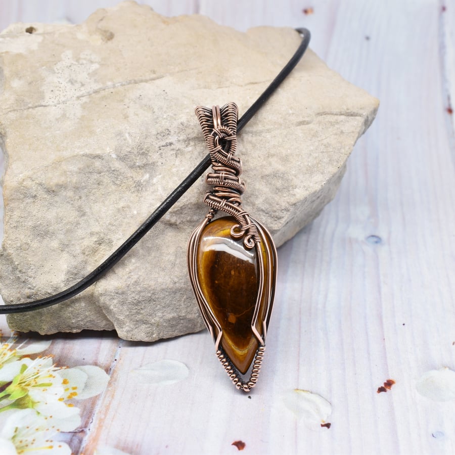 Tigers Eye and Copper Wire Wrapped Unisex Pendant