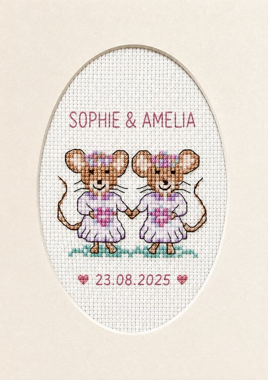 Personalised Lesbian Wedding Card, Handmade Cross Stitch, Bride & Bride Mice