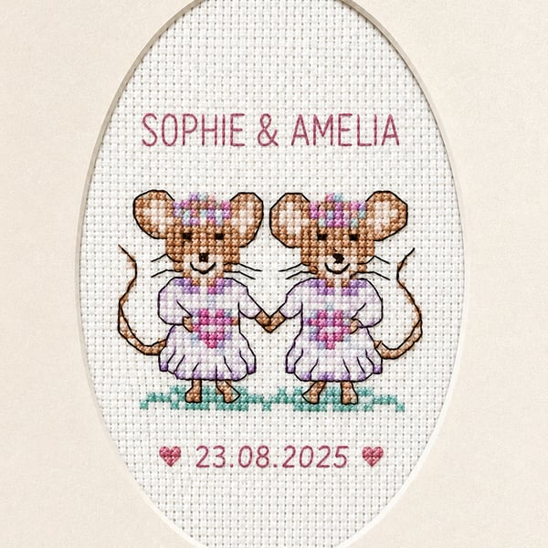 Personalised Lesbian Wedding Card, Handmade Cross Stitch, Bride & Bride Mice