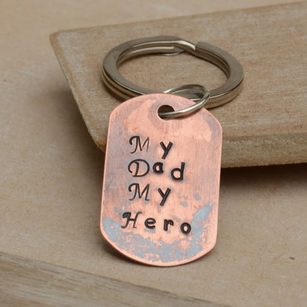 Copper Hand Stamped My Dad My Hero Keyring