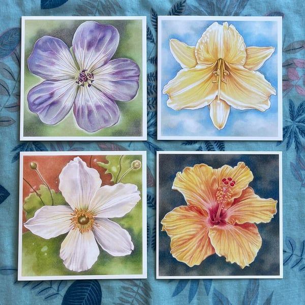 Pack of 4 x Flower Cards – Hibiscus, Anemone, Geranium, Daylily illustrations