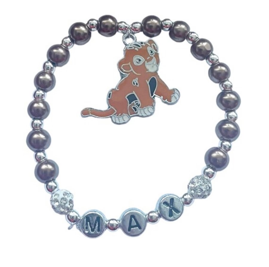 Lion charm personalised stretch beaded shamballa gift bracelet 