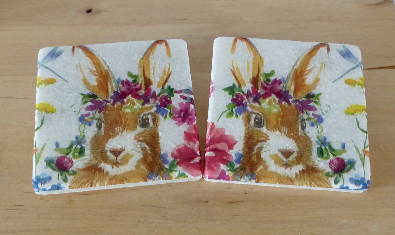 Marble 'Floral Rabbit' Coasters