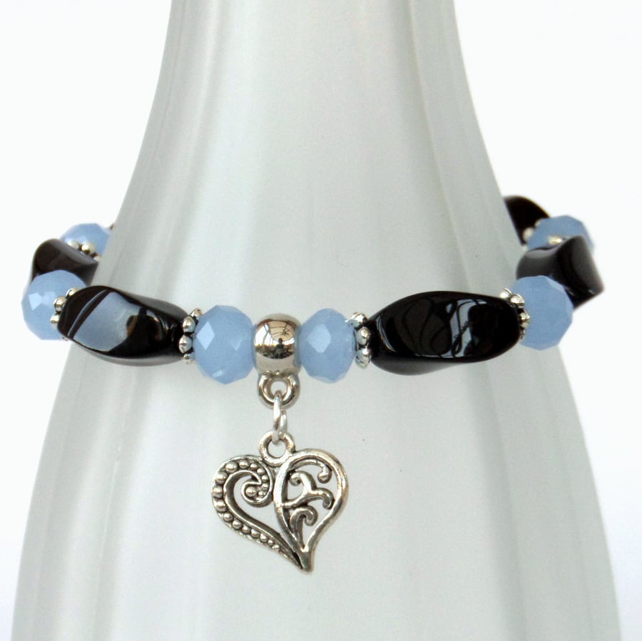 Black onyx and pastel blue crystal stretchy bracelet with heart charm