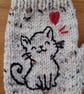 Hand Knitted Cream Tweed Gloves With Embroidered Cat And Red Heart (J195) - Image 2