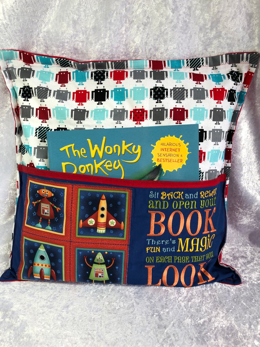 Rocket Reading Book Cushion with front Pocket & FREE PERSONALISED BOOKMARK