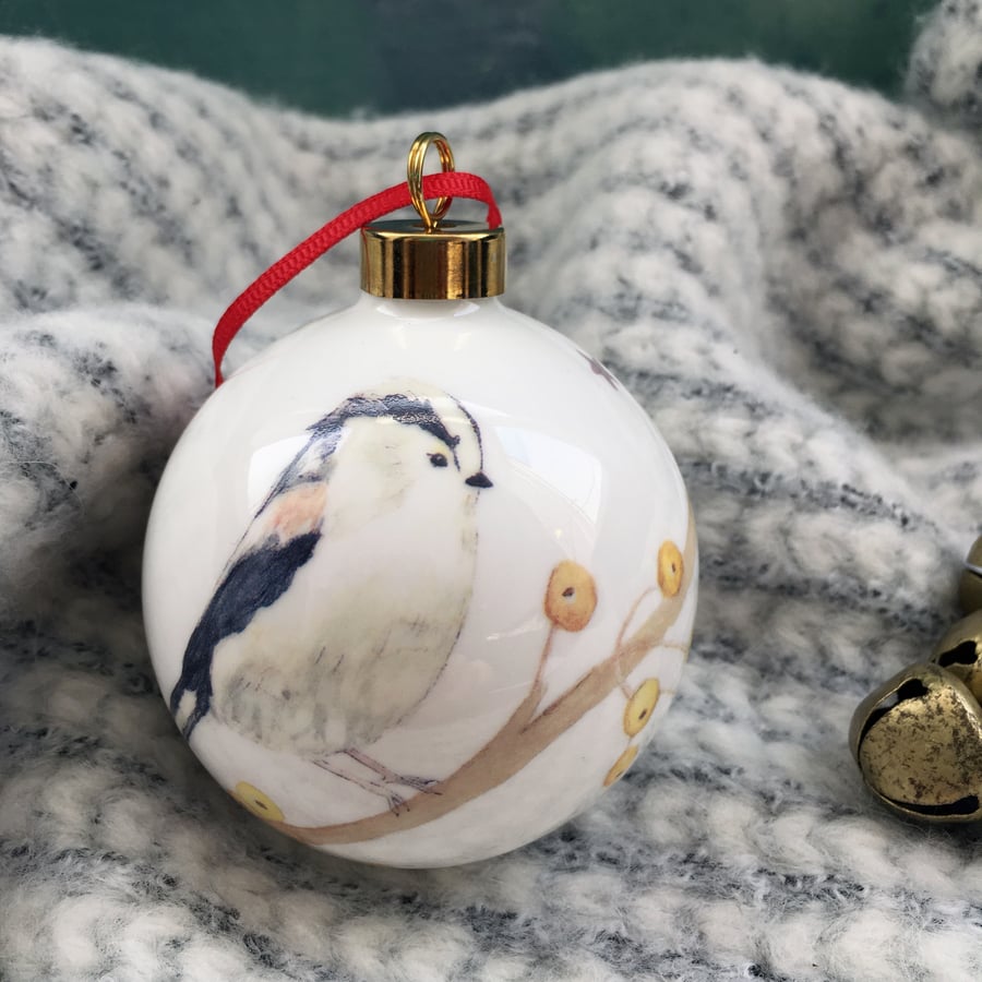 Long tailed-tit Bone china Christmas bauble