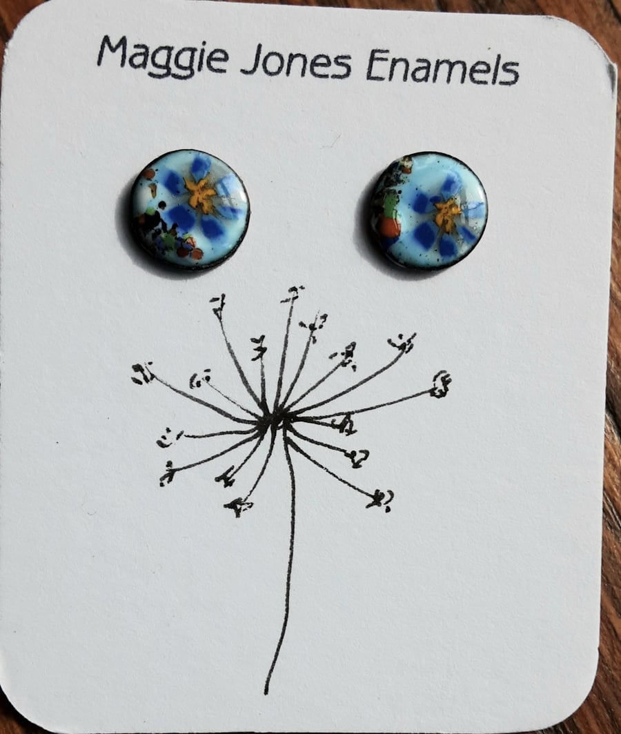 Round stud earrings - 9mm - Enamelled with sterling silver post -FLORAL