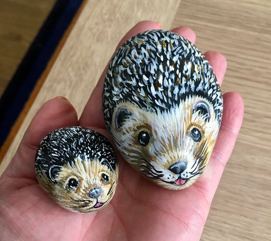 Hand painted pebble mother and baby hedgehog garden rock art