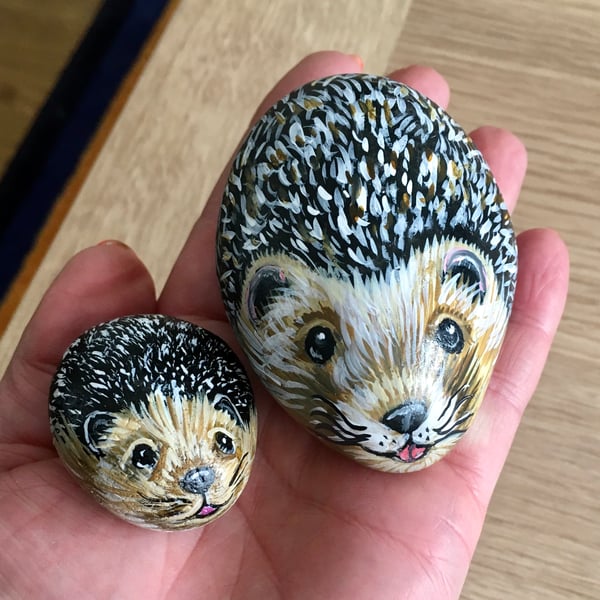 Hand painted pebble mother and baby hedgehog garden rock art