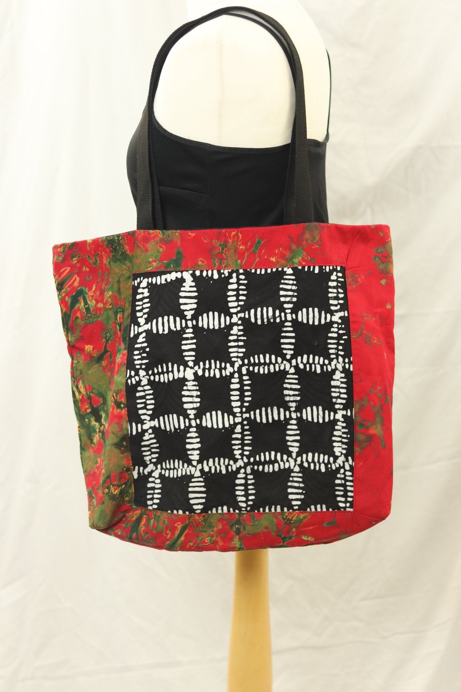 Red reusable African batik tote bag, Adire fabric medium tote bag