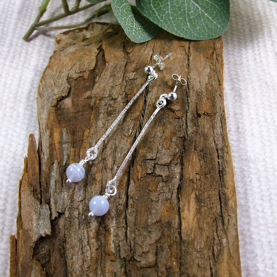 Earrings, Sterling Silver Long Stick and Blue Lace Agate Gemstone Droppers