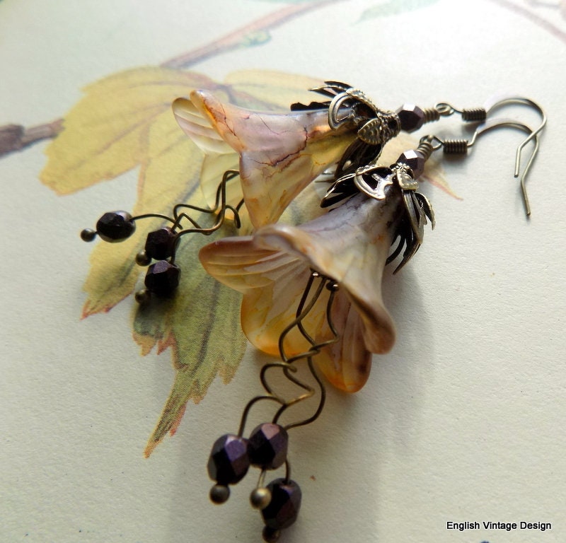 Yellow and Purple "Greengage" Autumn Fall Hand Painted Lucite Flower Earrings