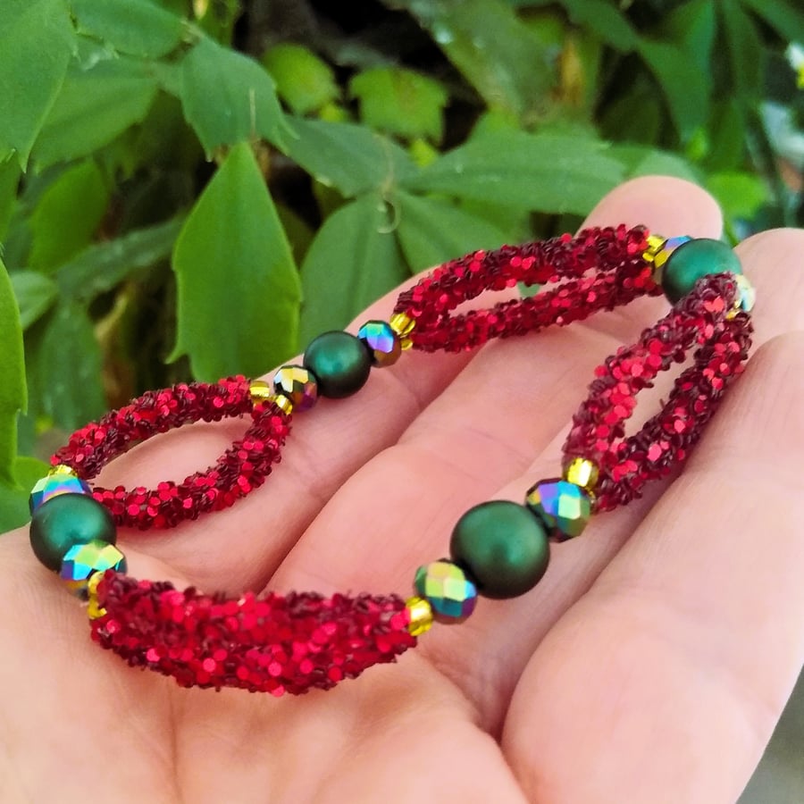 Red Glitter Stretchy Christmas Beaded Bracelet,  Winter Jewellery