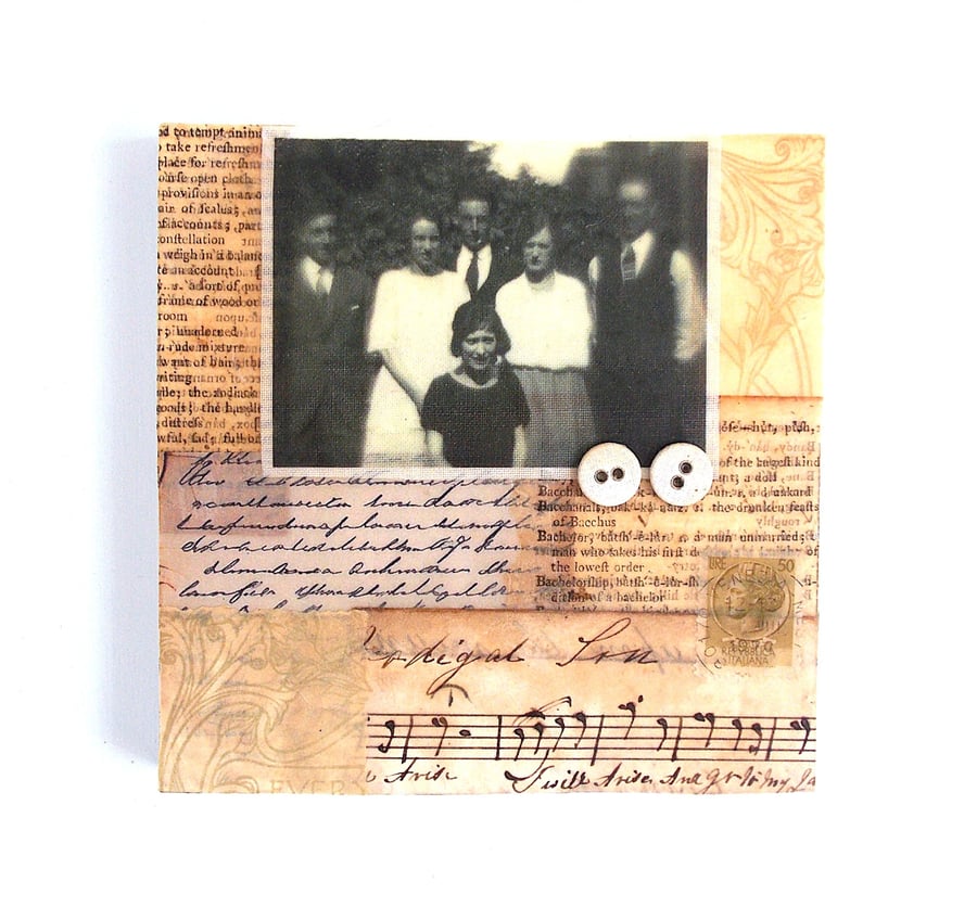 Original Paper & Fabric Collage on Wood Panel, 12x12cms, Free Postage (189)