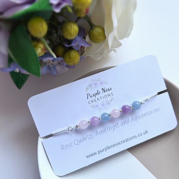 Rose Quartz, Amethyst and Aquamarine Beaded Sliding Clasp Bracelet