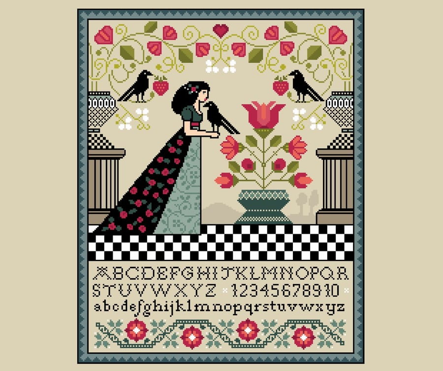 313 - Raven & Roses Cross Stitch Pattern Gothic Victorian Alphabet Sampler (PDF)